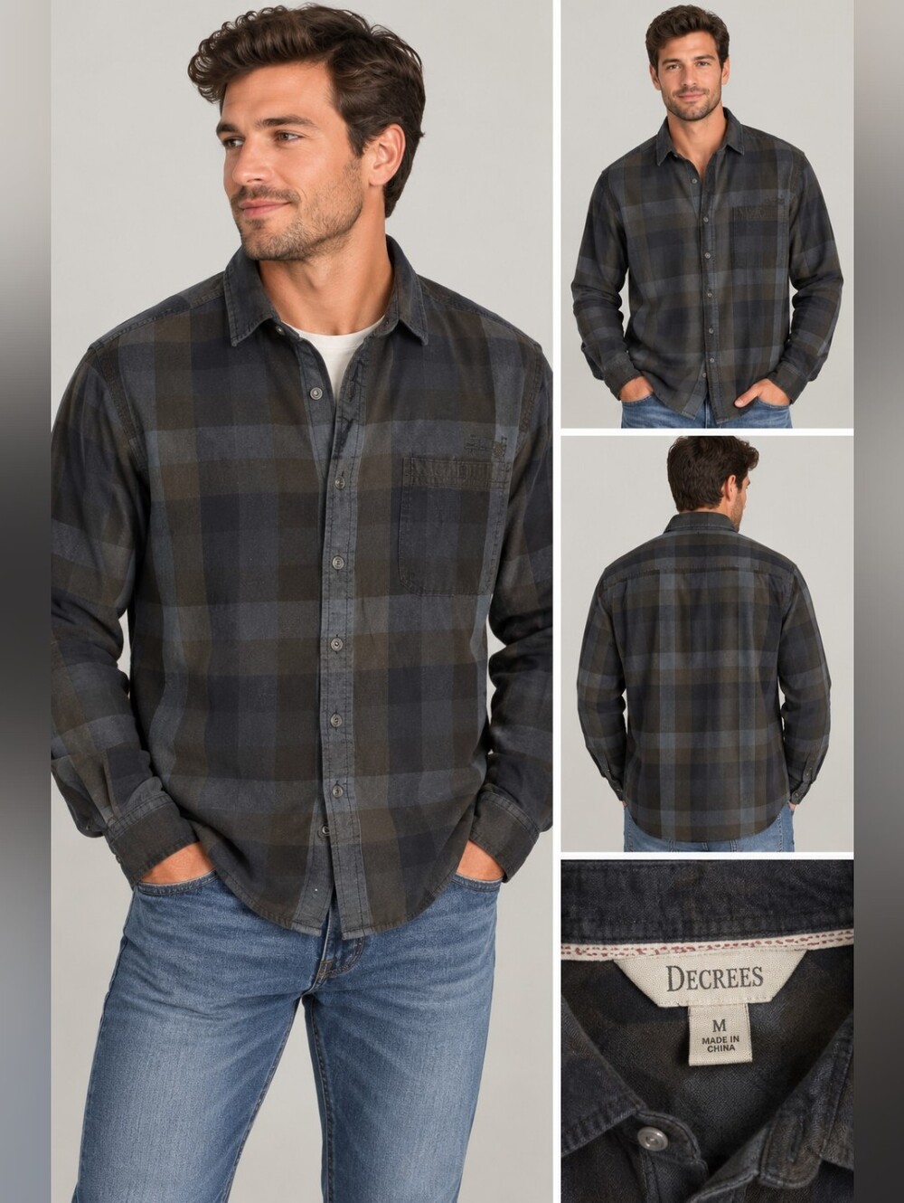 Decree mens large grey plaid button shirt #27